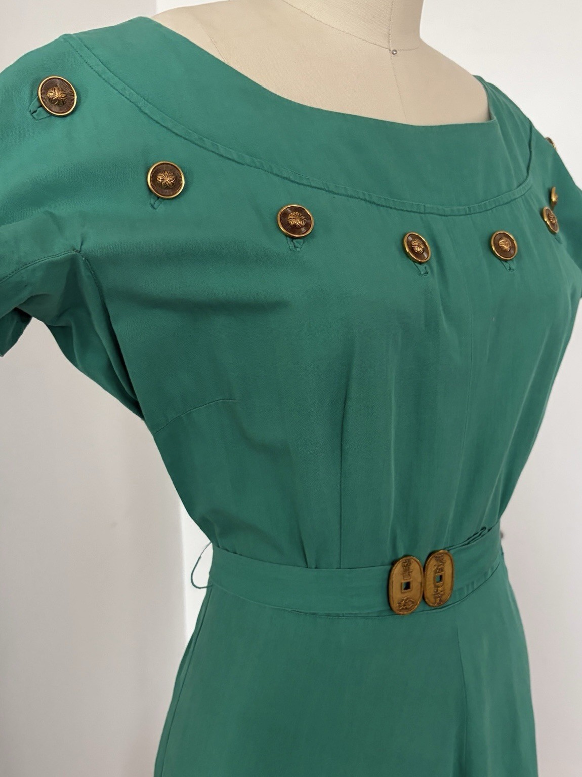 1950s Jade Green Polished Cotton Day Dress Midi Bateau Neck Crest Buttons Resort