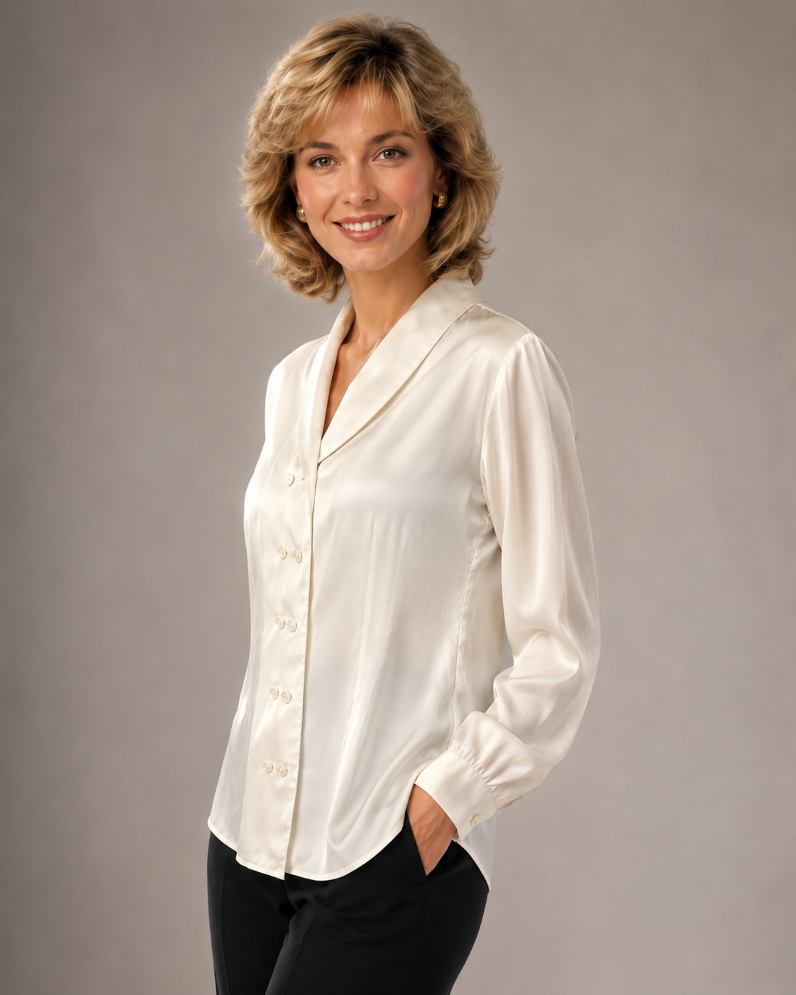 Vintage Alexon Ivory Satin Blouse UK 10 Euro 36 Pearl Buttons 1980s 1990s