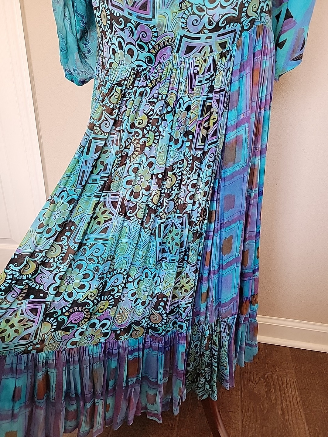 Vtg URU Womens Maxi Dress One Sz Oversized Tiered Lagenlook Drop Waist Floral