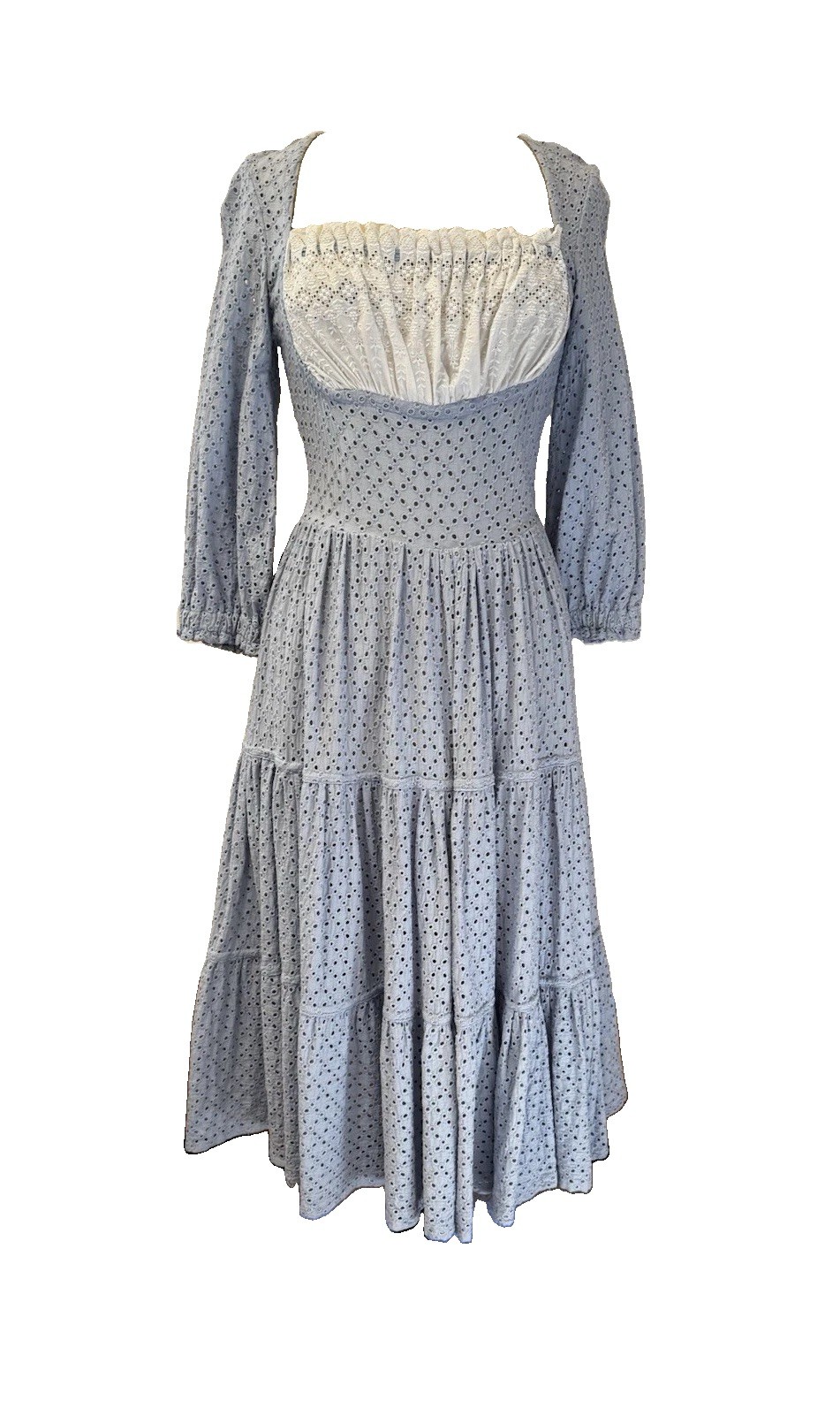 Vtg 70s Milkmaid Maxi Dress Blue Eyelet Lace Corset Peasant Boho Cottagecore S