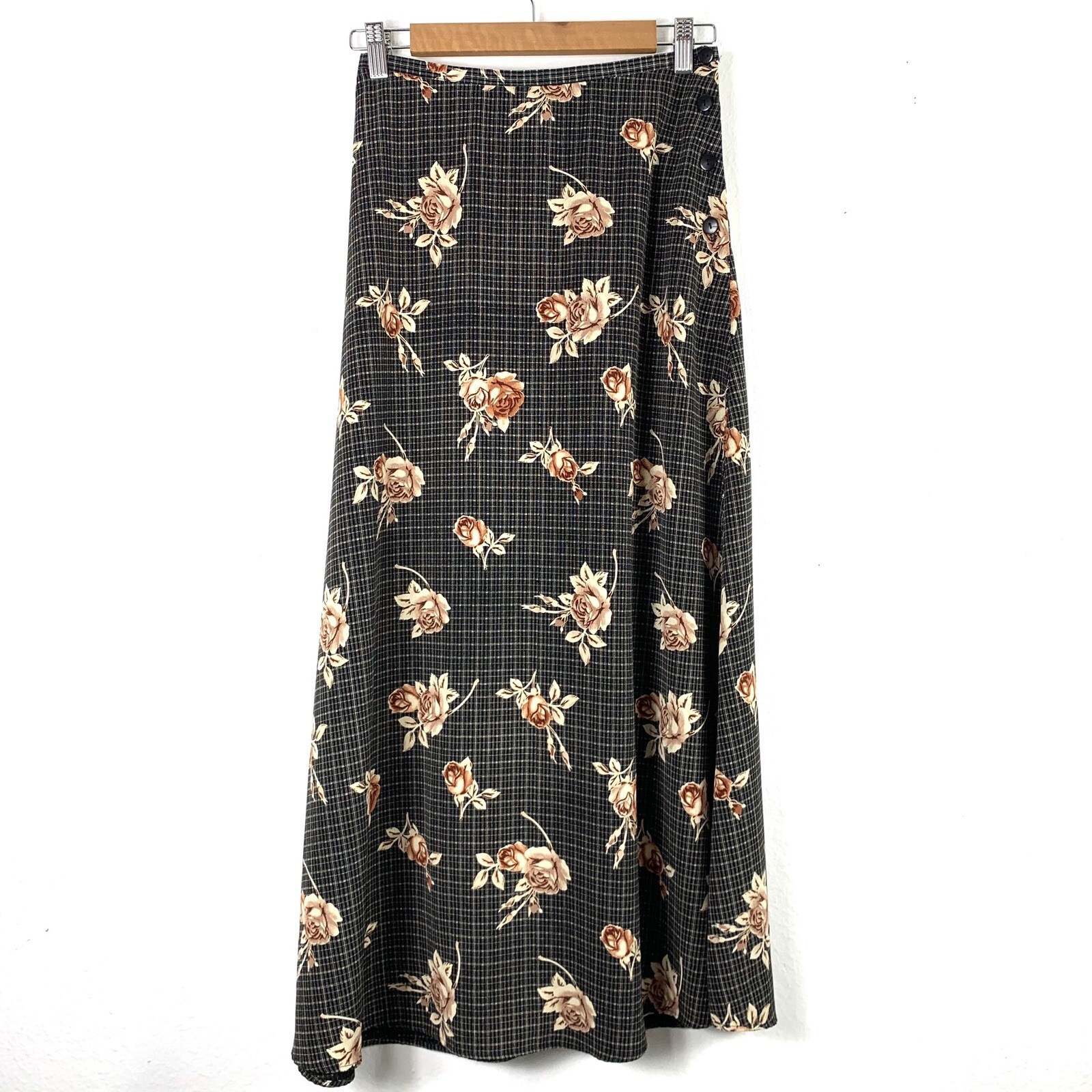 Vintage Skirt Sz Medium Floral Plaid Hi Rise Midi Brown Black Rose Ellen Ashley