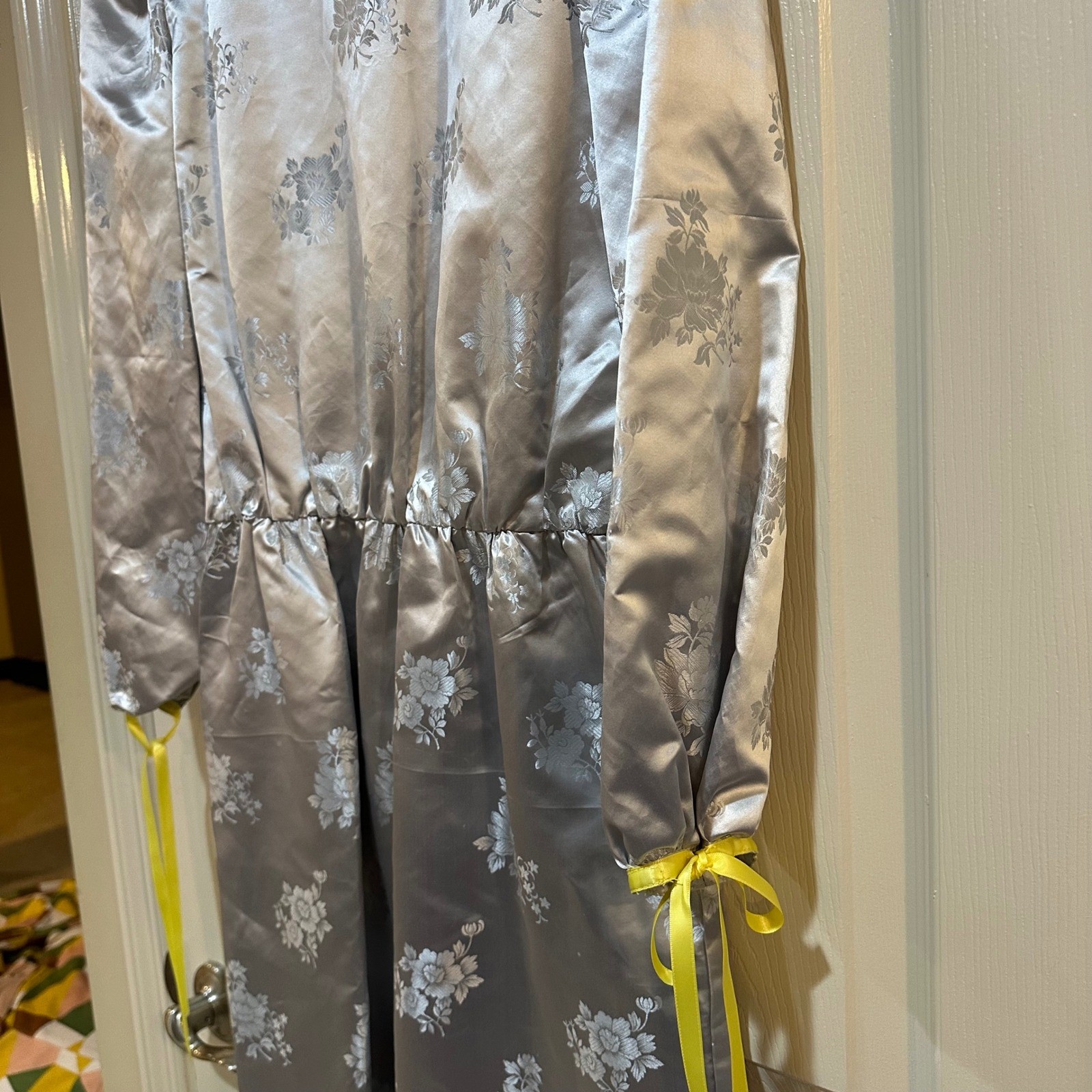 Vintage Silver Floral Damask Maxi Dress Yellow Ribbon Ruffle Collar Handmade