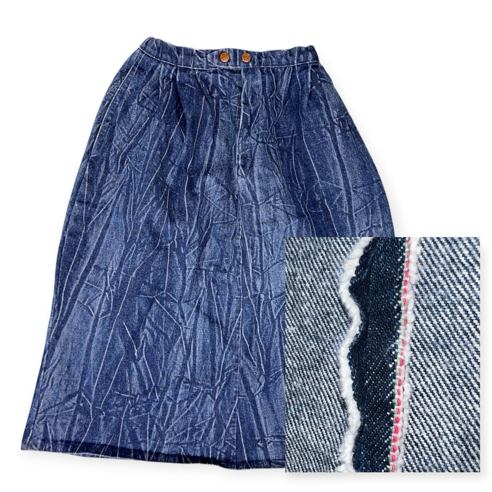VINTAGE REDLINE SELVAGE DENIM JEANS SKIRT ACID WASH NEW WAVE WESTERN WEST CAL 45