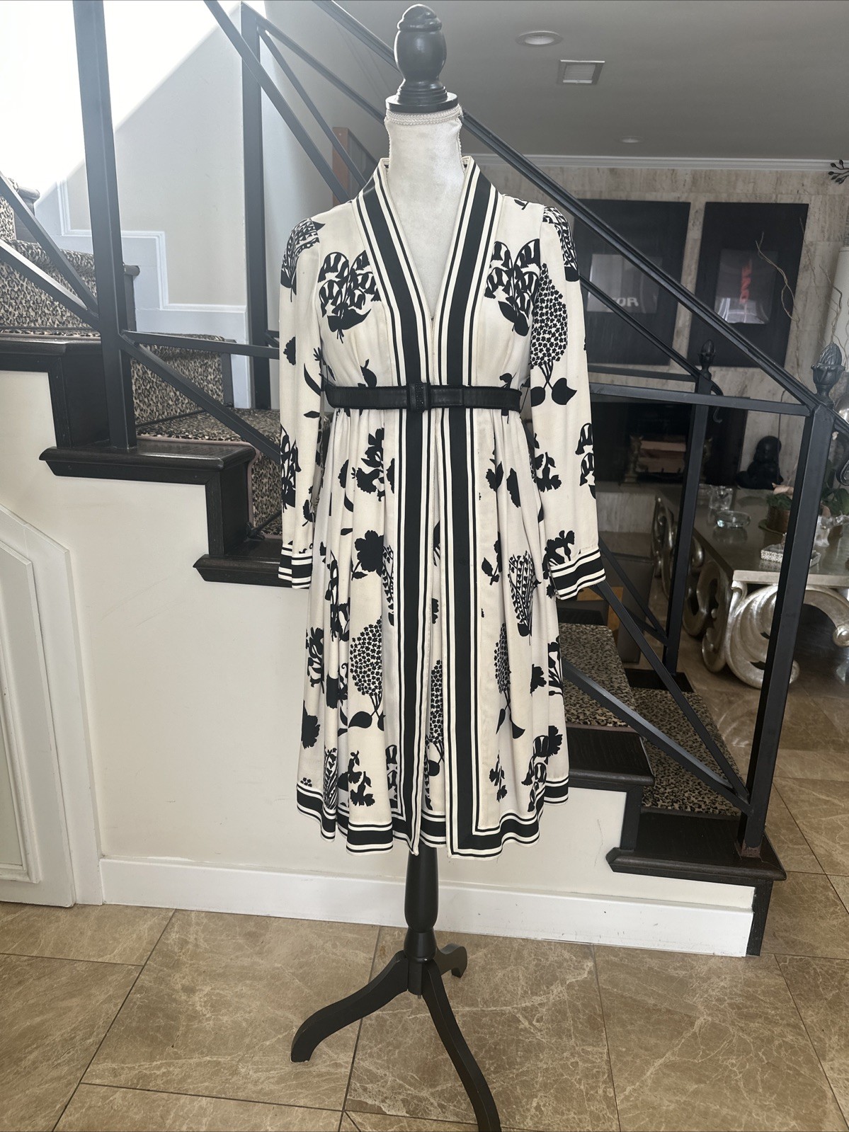 Geoffrey Beene 60s Black & White Silhouette Floral Print Empire Babydoll Dress S