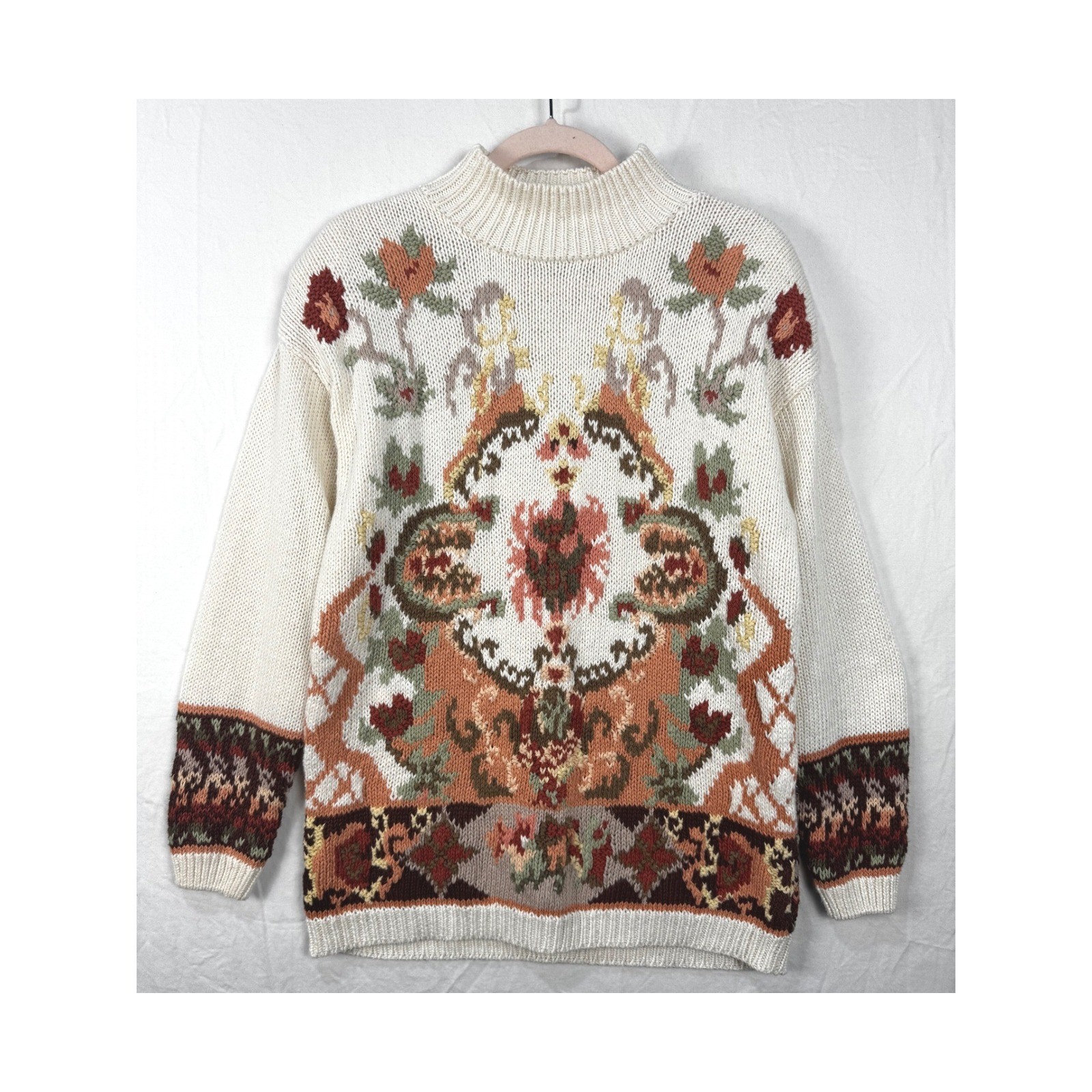 Heirloom Collectibles Vintage 1991 Floral Knit Sweater Cream Peach Womens Medium
