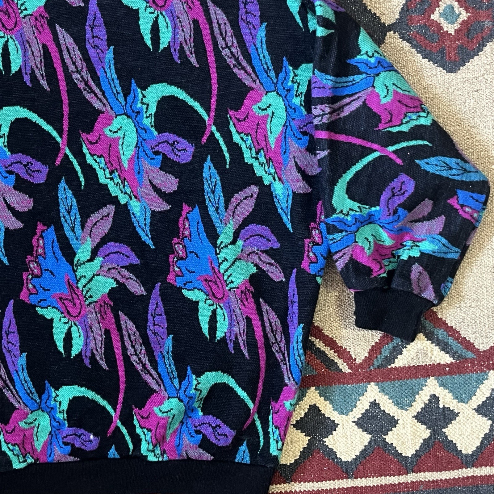 Vintage 80s Floral Dolman Batwing Sweater Women’s XL Acrylic Pullover