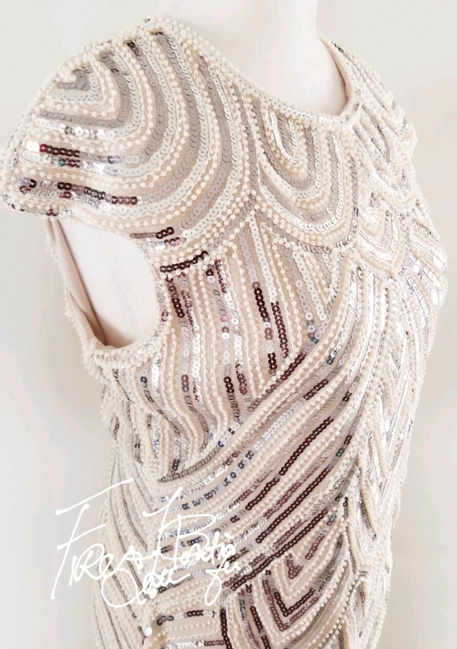 VINTAGE 60s 70s BEADED PEARL SEQUIN FRINGE FLAPPER DRESS SZ M 6 8