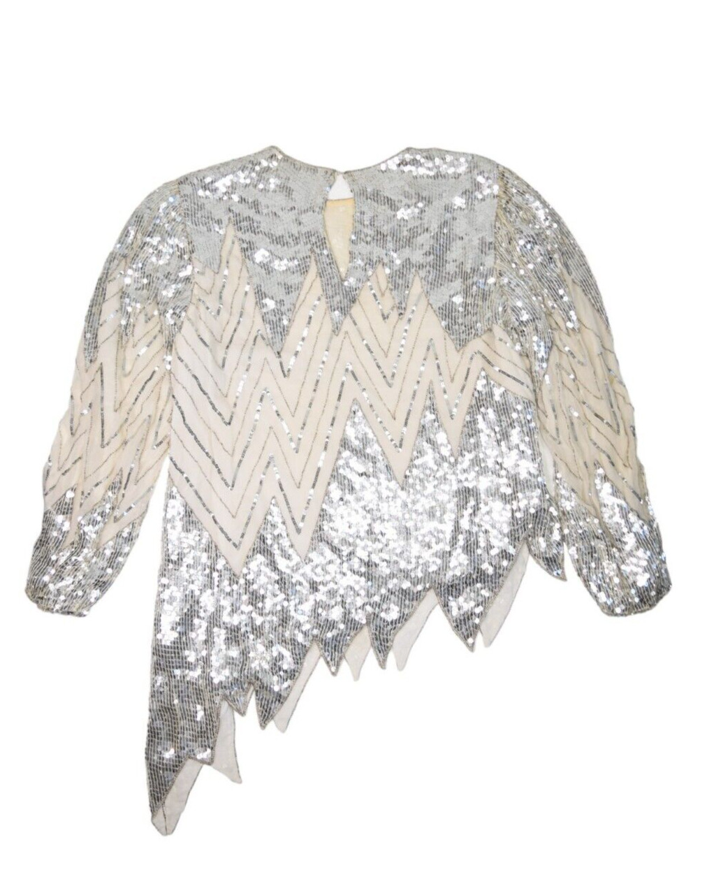 Vintage Sequin Top Womens XL Silk Silver Dance Disco Asymmetric Zig Zag Club
