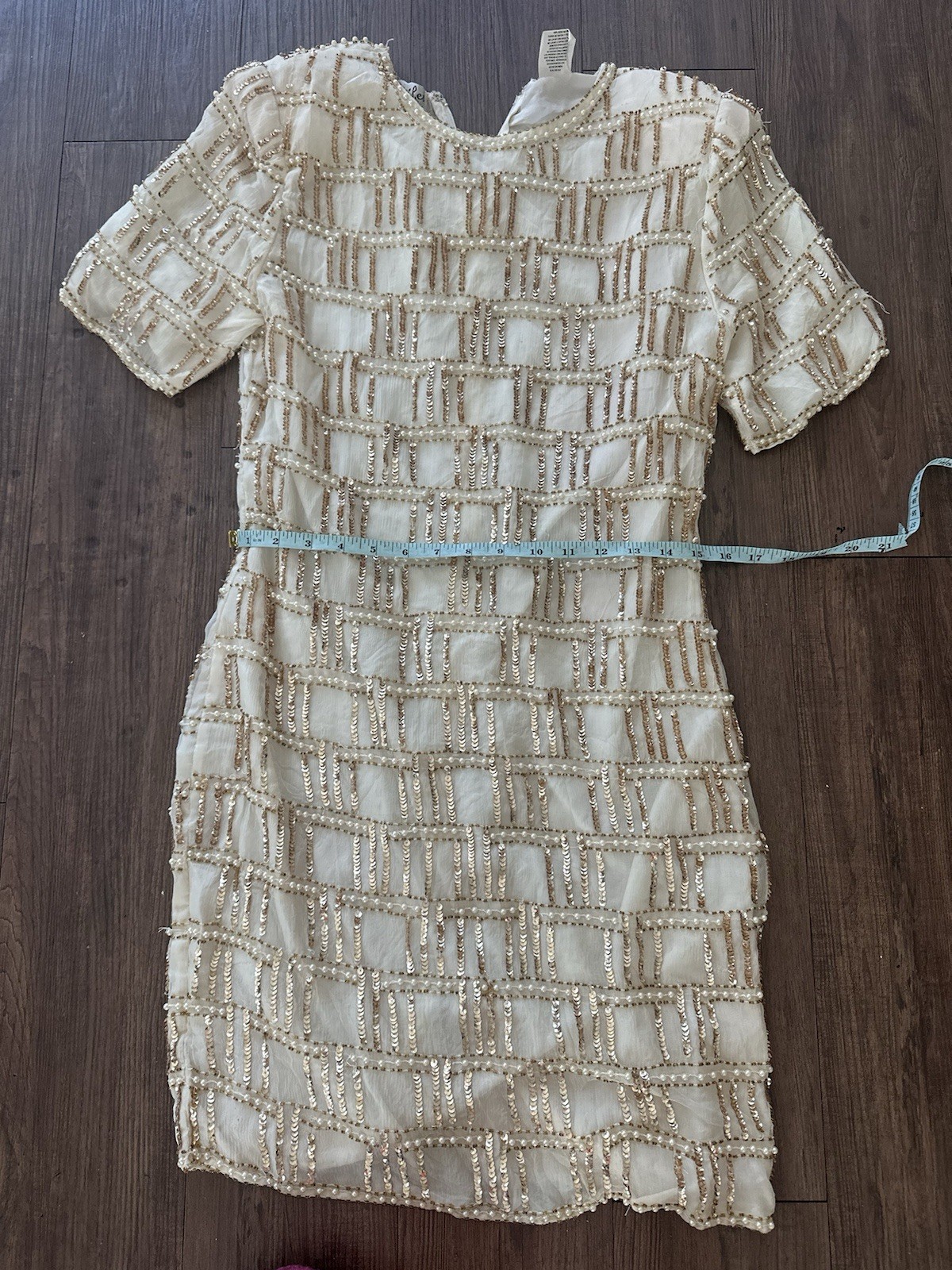 Vintage 90s Beige Silk Beaded Cocktail Dress Jennifer KVM M