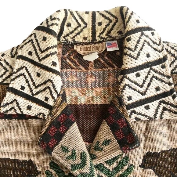 Vtg Painted Pony Tapestry Cotton Adirondack Bear Pine Tree Tribal Vest Womens L