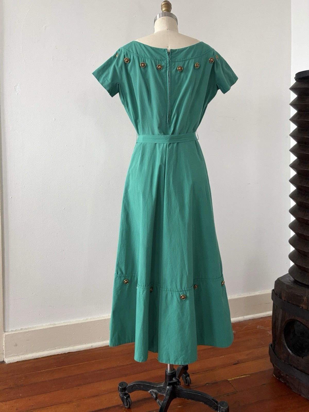 1950s Jade Green Polished Cotton Day Dress Midi Bateau Neck Crest Buttons Resort