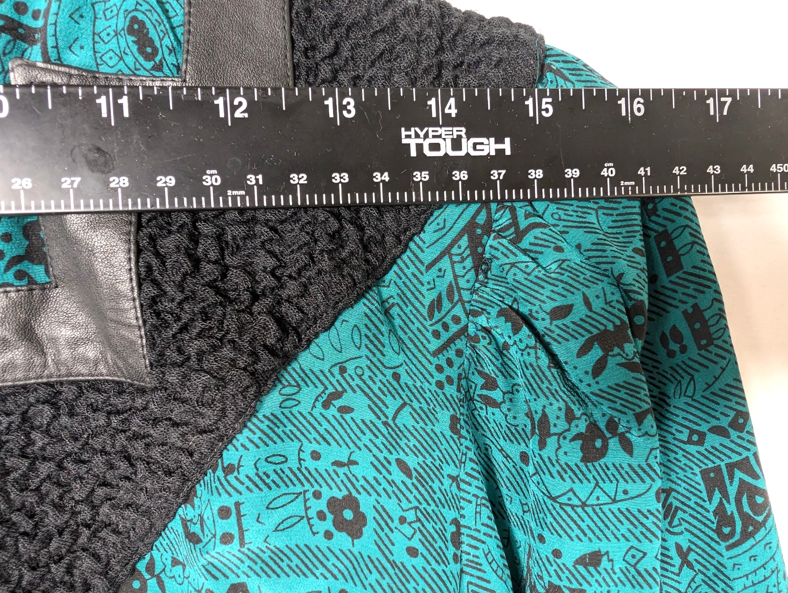 Vtg Bellino Paris 100% Silk Blouse Jacket 10 Teal Geometric Black Leather Trim
