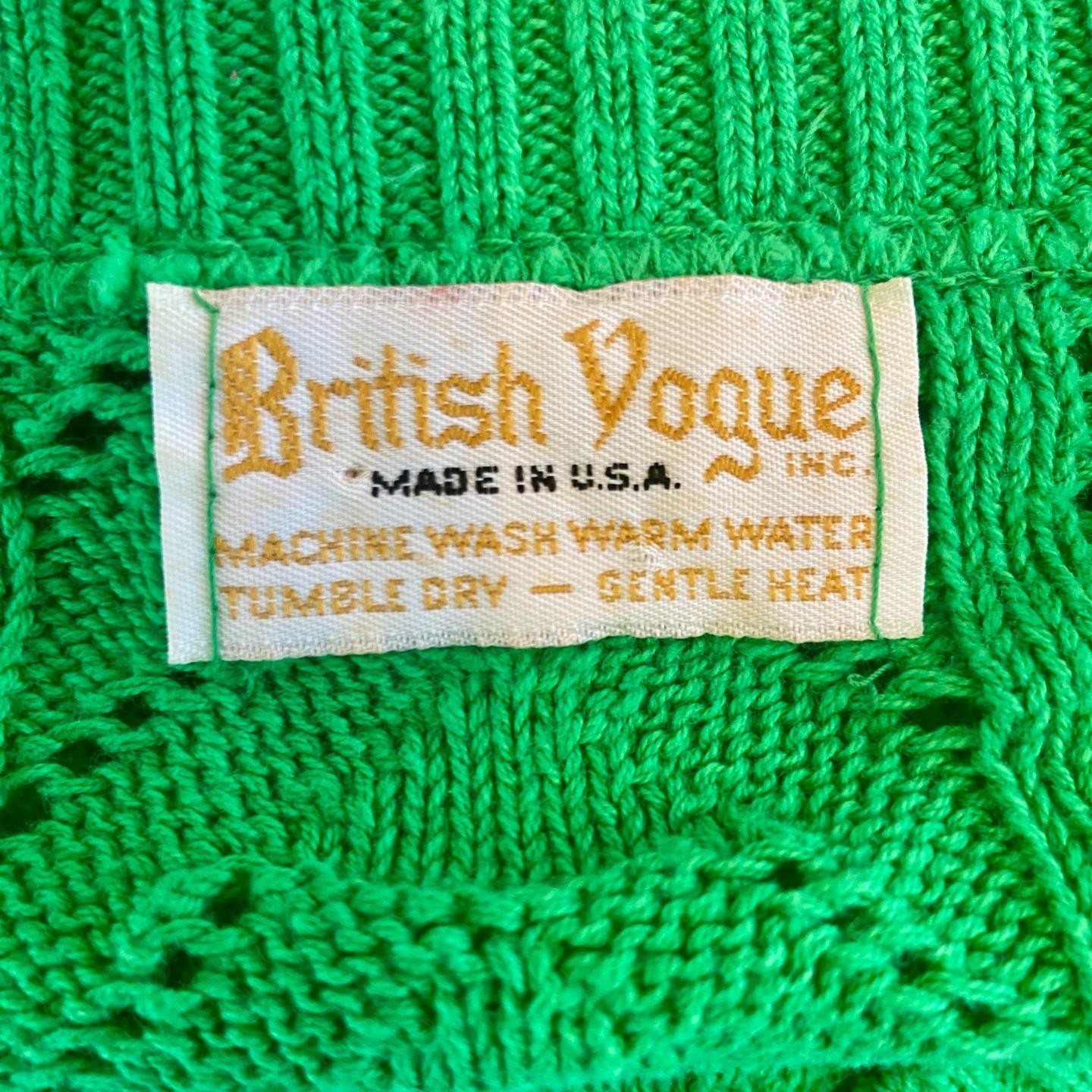 Vintage 60s BRITISH VOGUE Mod Green Openwork Cable Crochet Sweater Cottagecore M