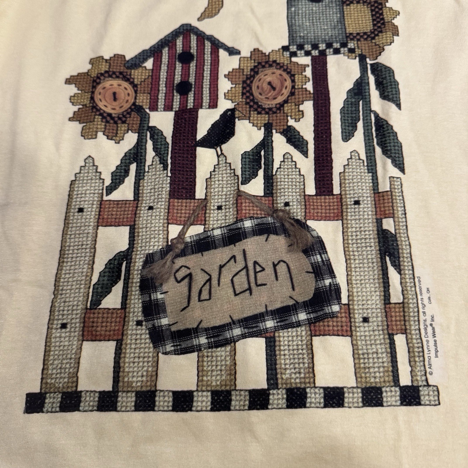 NWOT! Vtg Jerzees T Shirt Women’s Sz Large Yellow Birdhouses Flowers USA Made