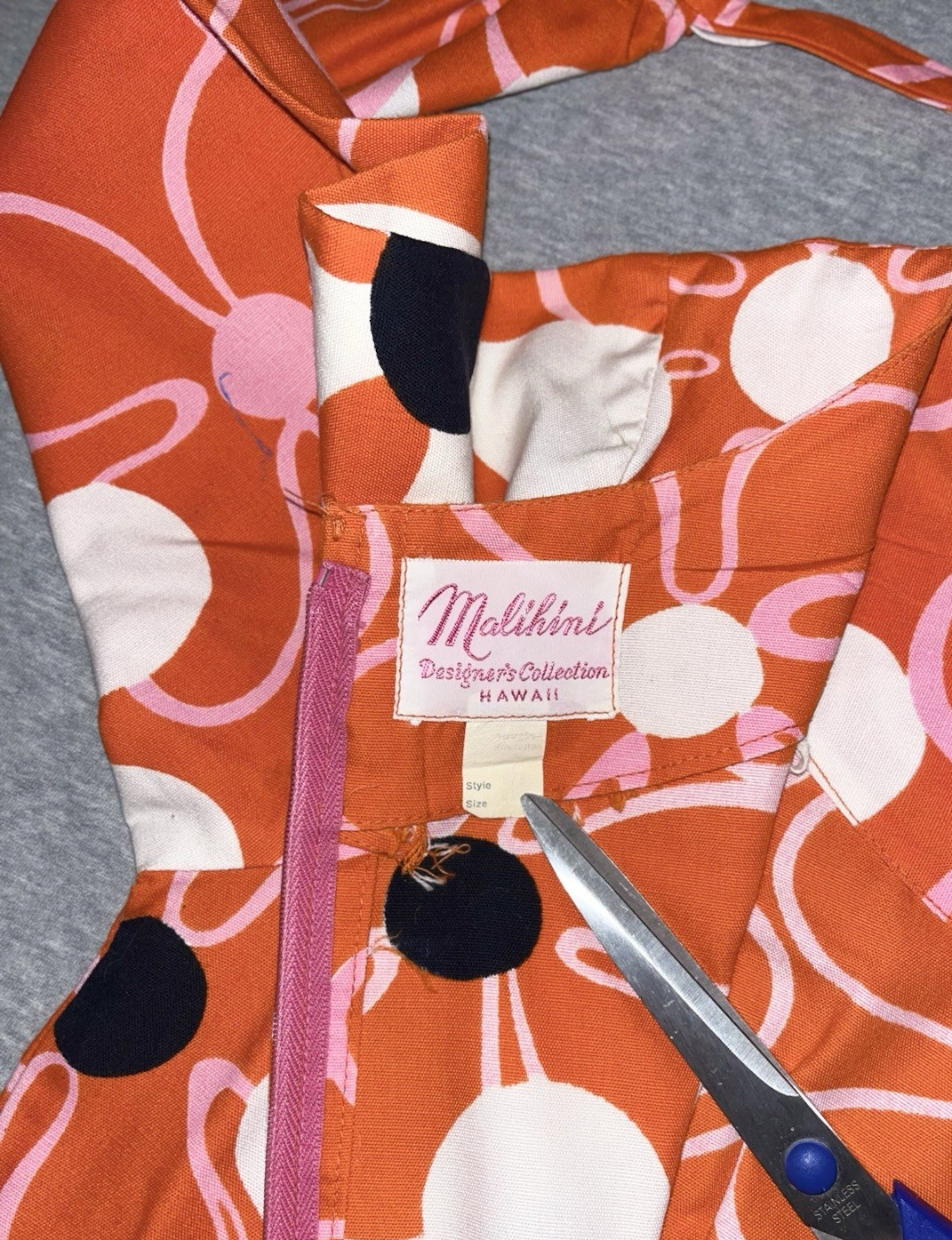 VTG Malihini Hawaiian Cotton Barkcloth Maxi Hostess Dress Orange Daises Floral