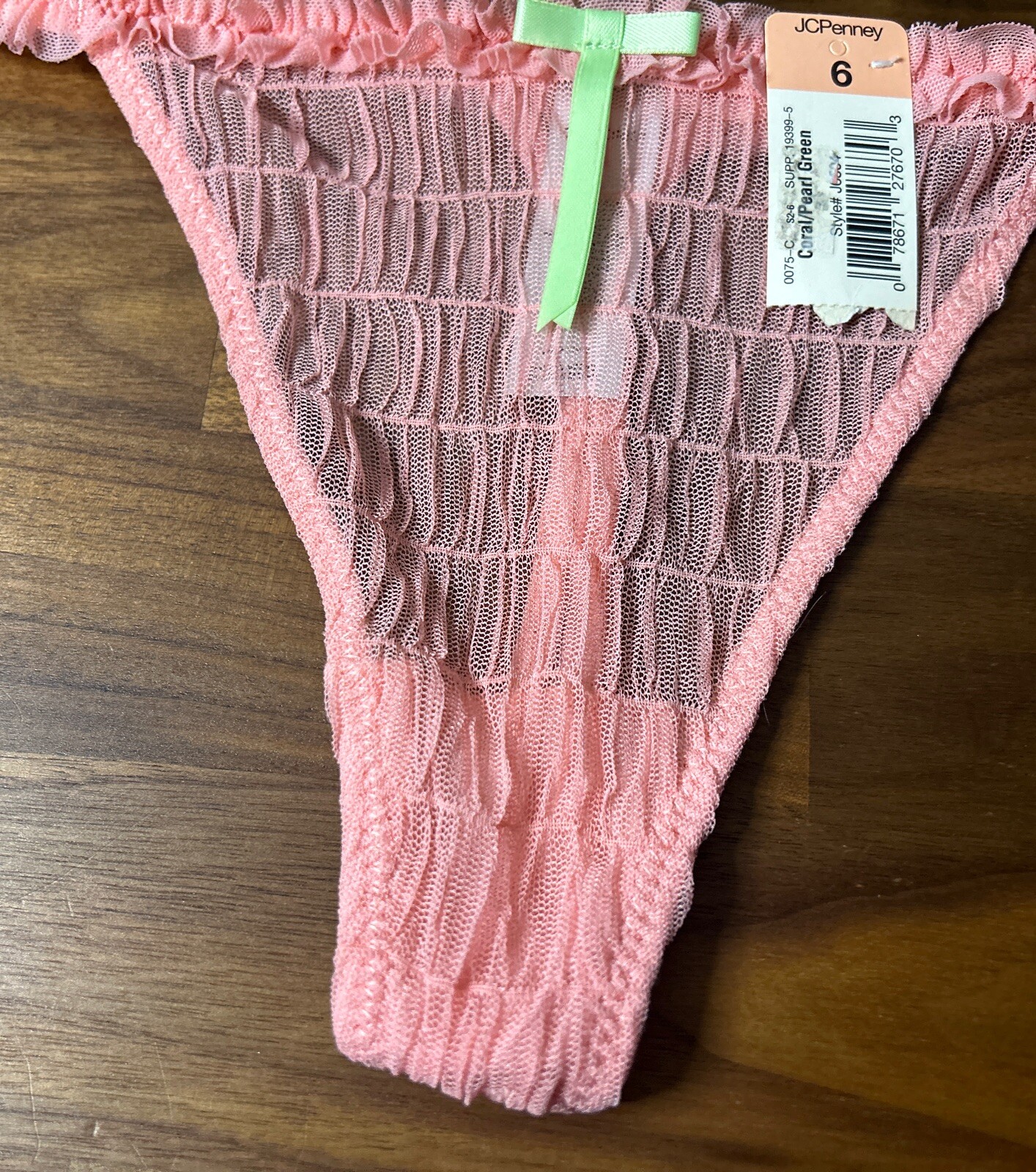 NWT Vtg Delicates Thong Chiffon Lace Frilly String Panties JCPenney Size 6 Pink