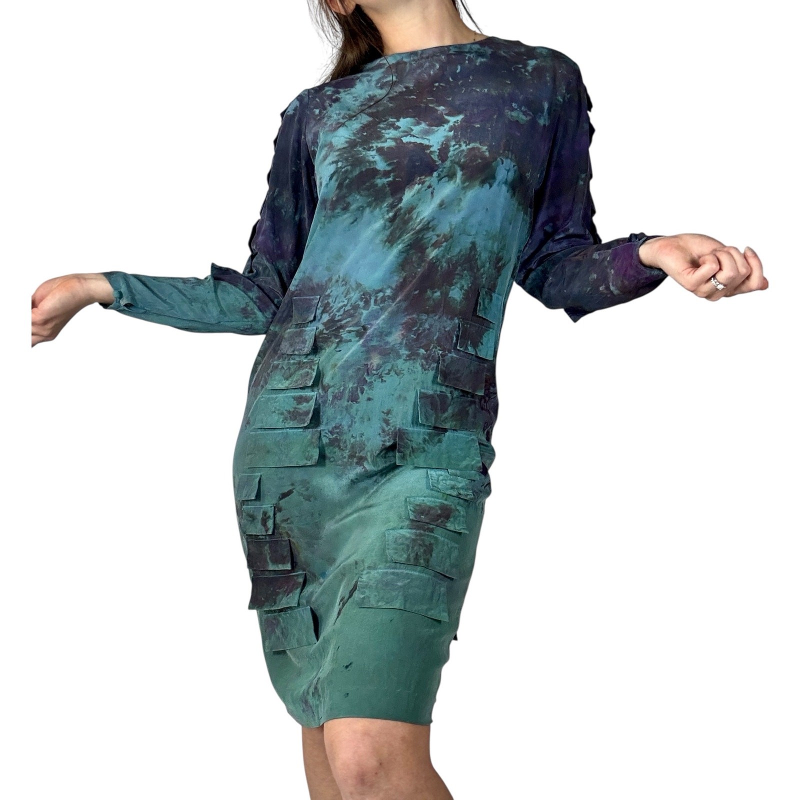 Hand Dyed Vintage 80s Umi Collections Anne Crimmins Silk Dress Blue Purple Black