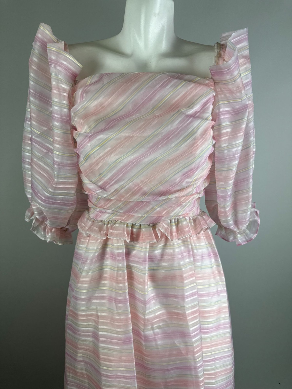 Vtg 80s Cotton Candy Pink Striped Puff Shoulder Party Dress Fairy kawaii 12