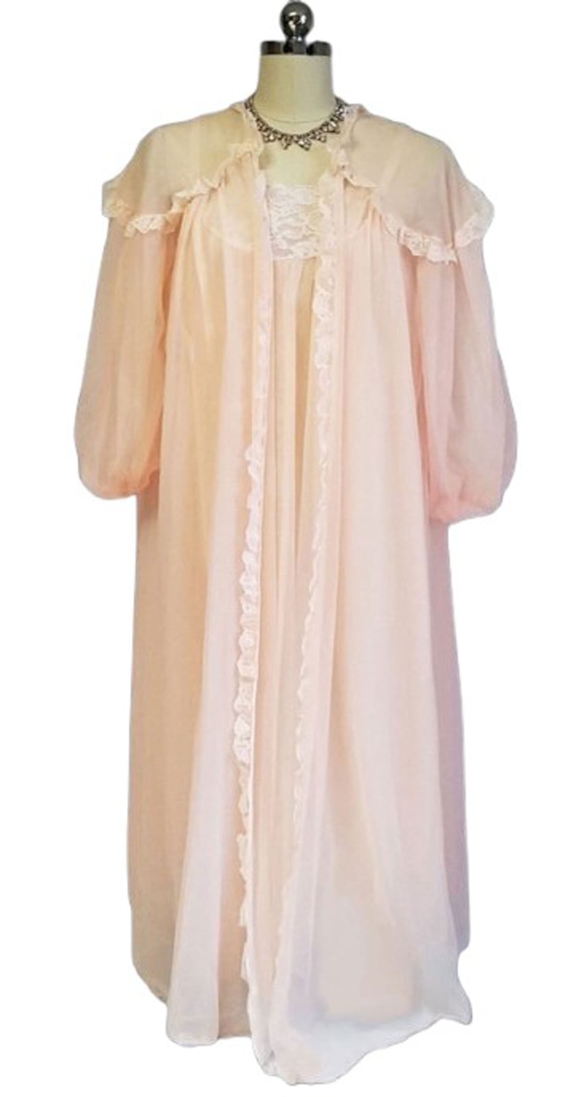 EXQUISITE VINTAGE FLUFFY INTIME RUFFLY LACE DOUBLE NYLON PEIGNOIR NIGHTGOWN MED.