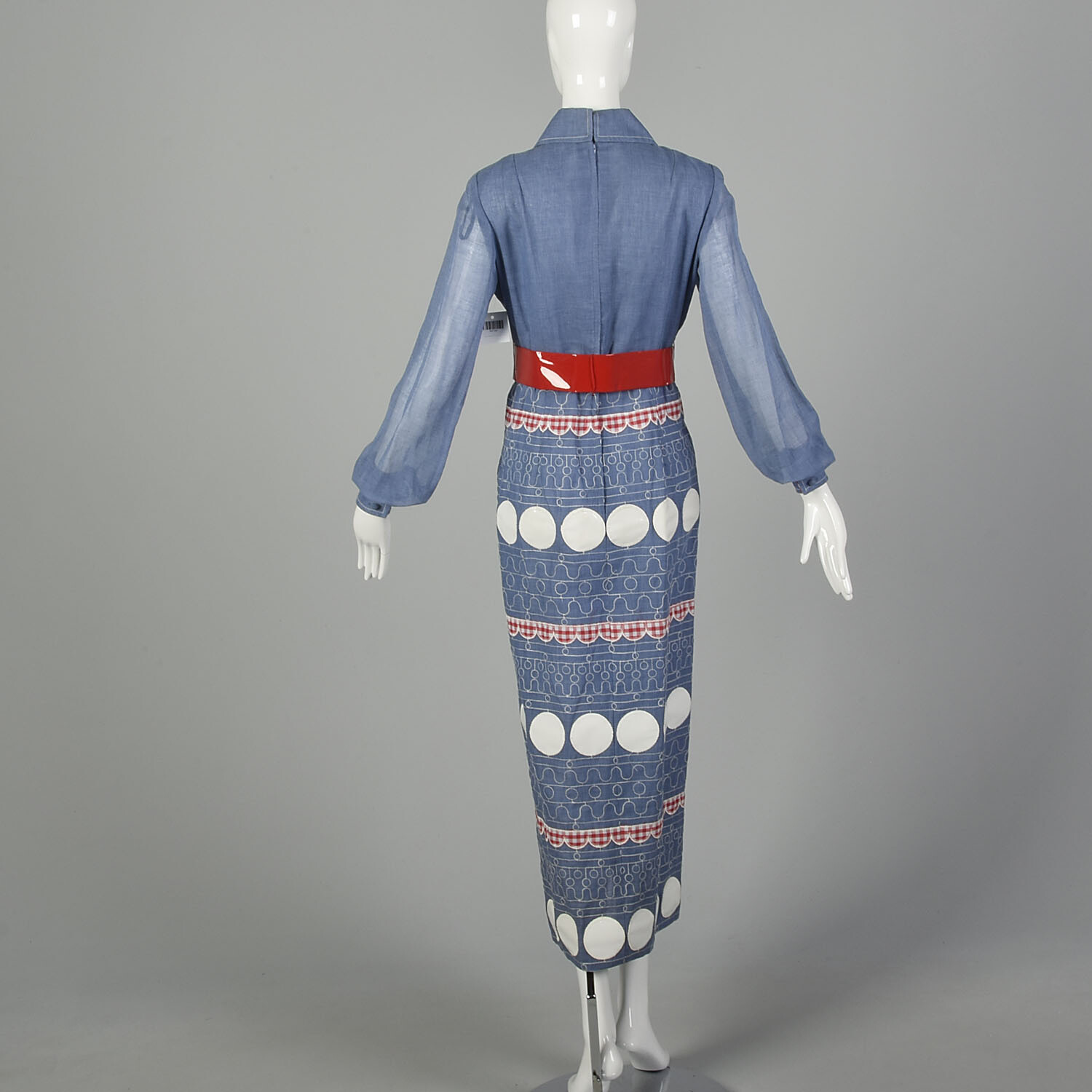Small 1970s Estelle Albus Chambray Maxi Dress with Vinyl Polka Dots VTG 70s