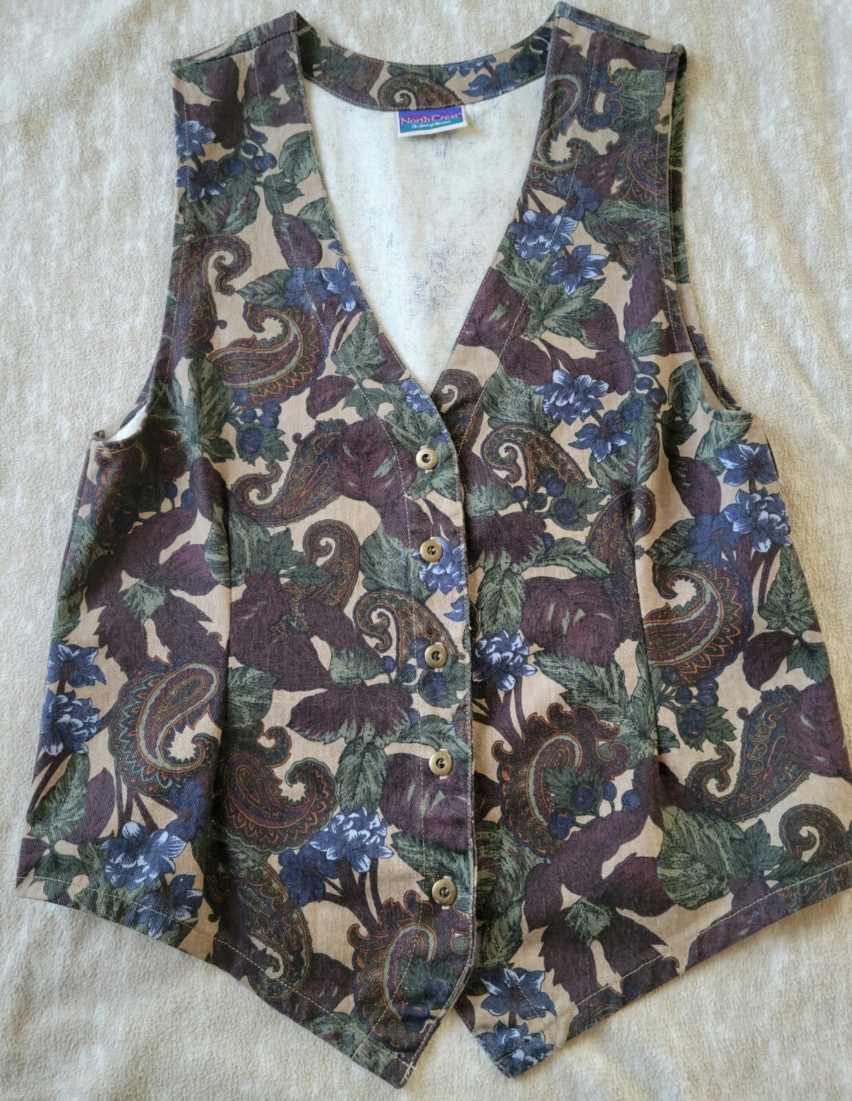 Vintage Northcrest Women’s Button Fashion Vest Floral & Paisley Cotton Twill-M/L