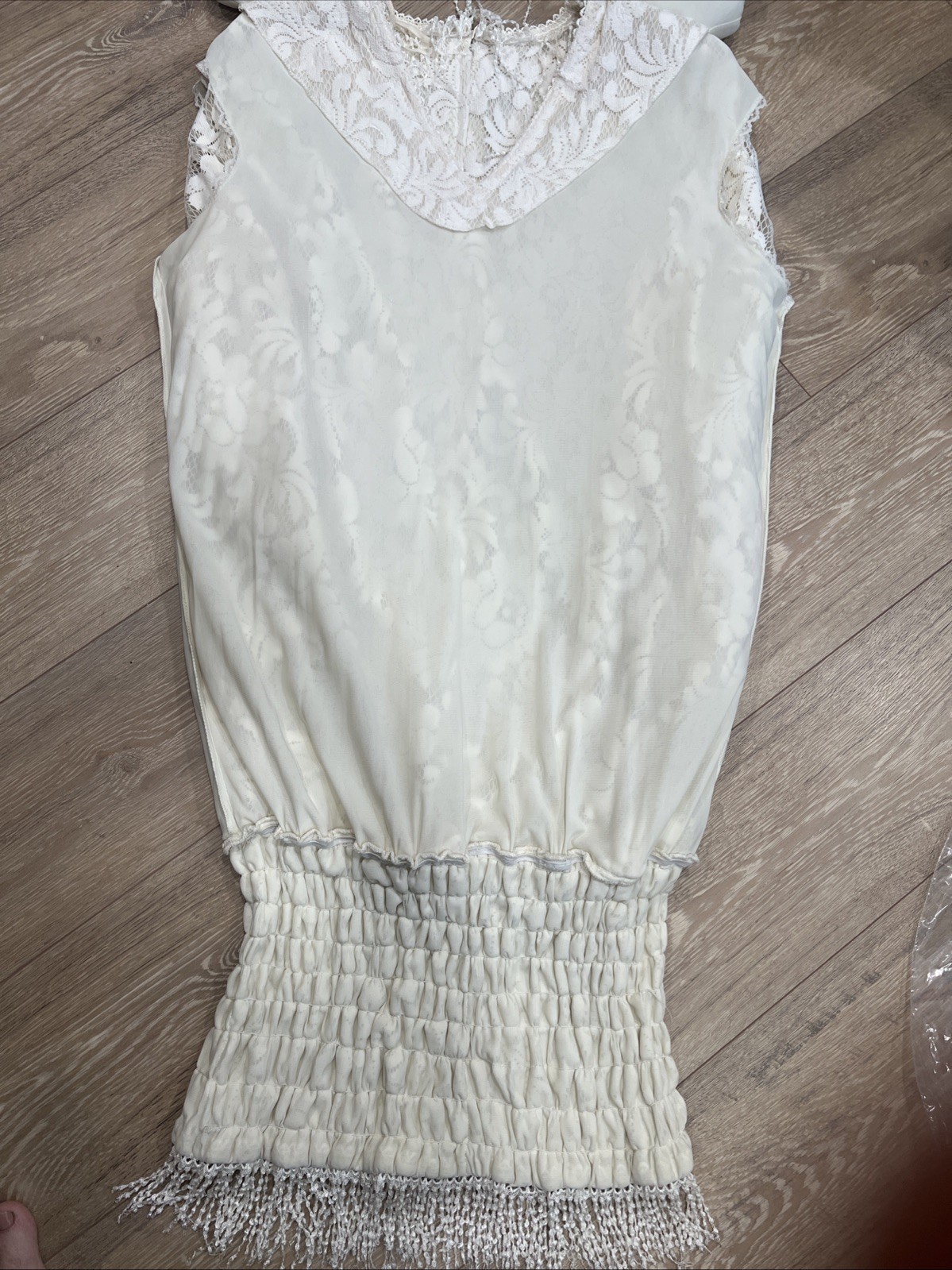 Vintage Sandro Boca Raton Lined Crochet lace Off White Drop Waist. Fringed. M?