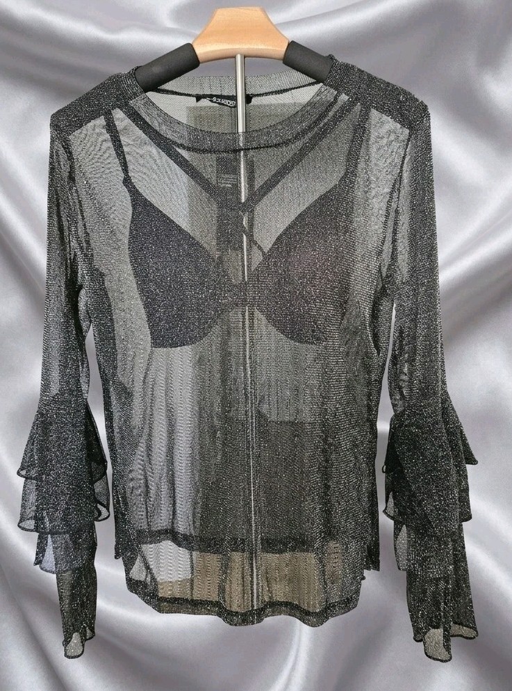 VTG ACHIOOWA Black Silver Glitter Mesh Top Flare Ruffle Sleeve NWT XL TOP ONLY