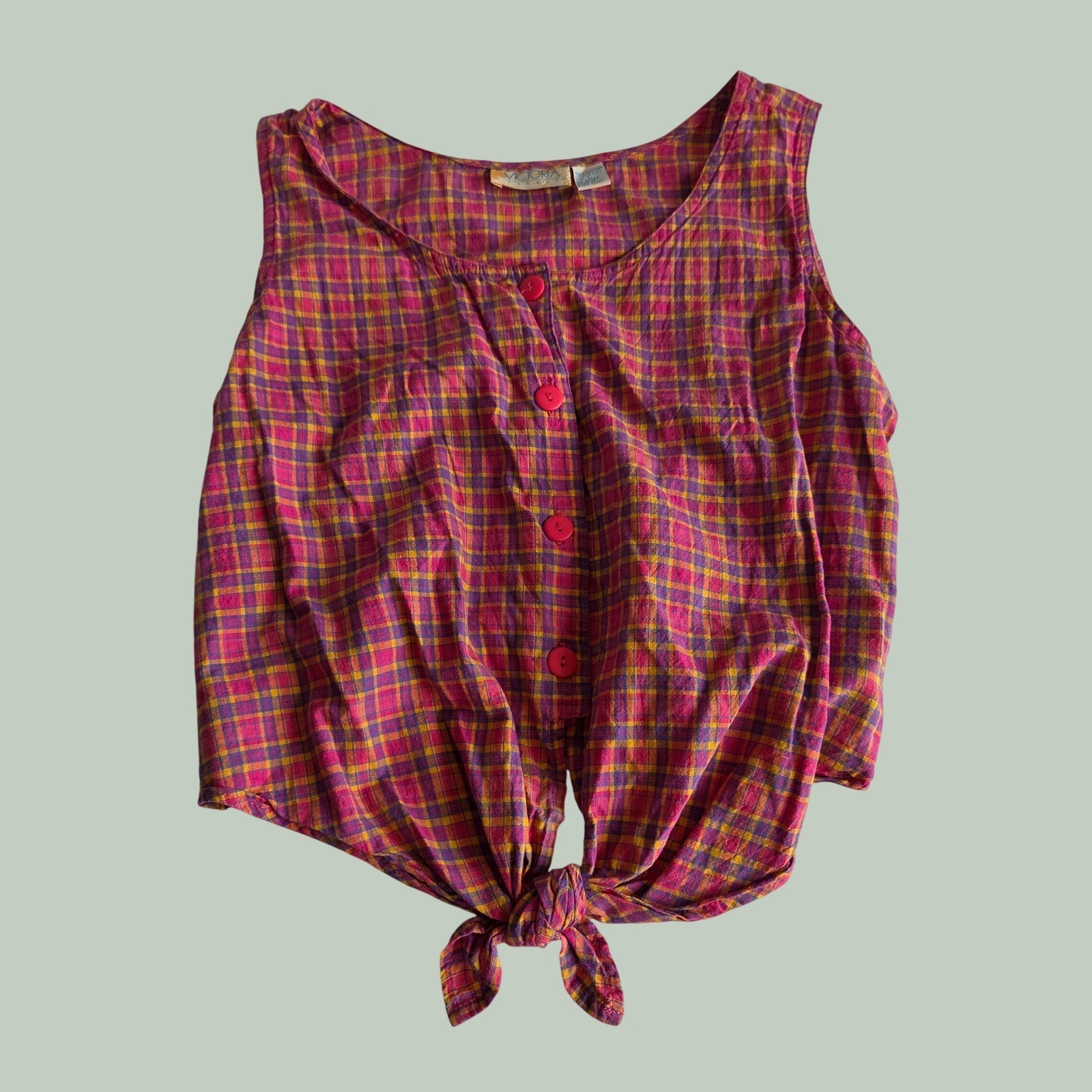 Vintage 80s Victoria Harbor Plaid Tie Front Tank Top Pink Orange Cotton Large