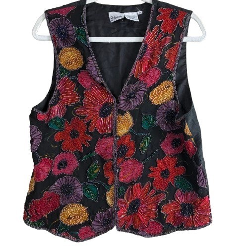 VTG 80s/90s Styleworks Silk Beaded Floral Vest M Black Boho Maximalist Artsy