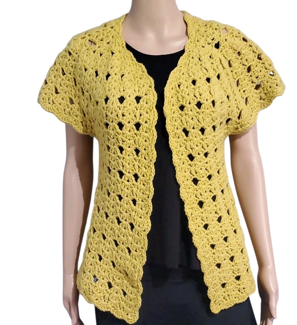 Vintage Crochet Sweater S/M Golden Yellow Handmade Open Front Short Sleeve