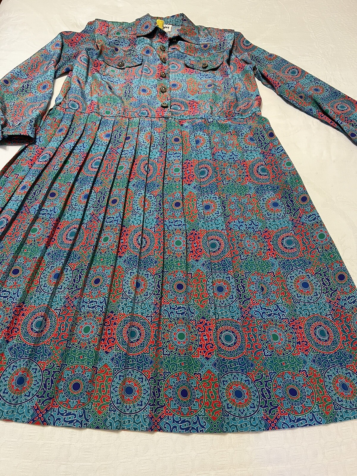 Vintage Leslie Faye Teal Pleated Fit & Flare Shirt Dress Gold Buttons-14P