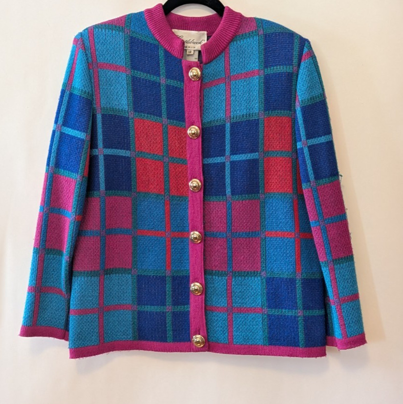 Vtg 80s Castlebrook Plaid Cardigan Sweater Size 12 Grandmacore Maximalism