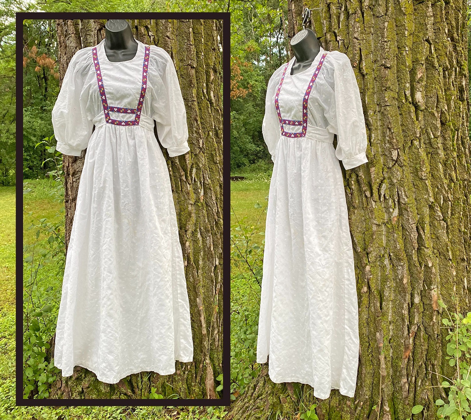Vintage 60s 70s VICTOR Dress Maxi Boho Festival White Eyelet Heart Trim S XS