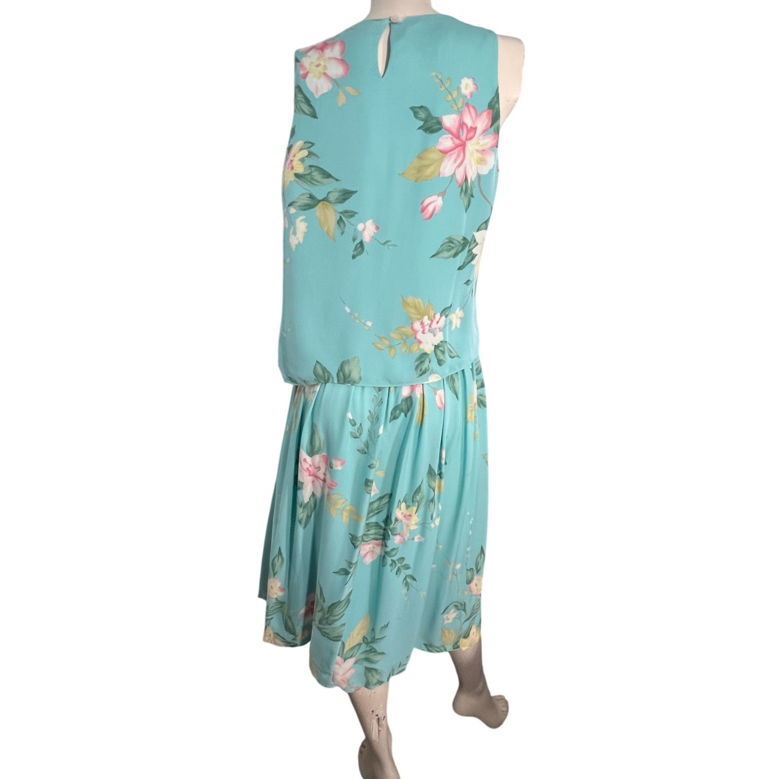 Rena Rowan Skirt Set Women 14 Blue Silk Floral Sleeveless Top Pleated Midi Skirt