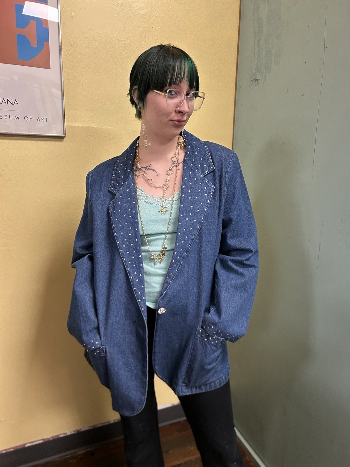 Vintage 90s Alice Stuart Cotton Denim & Rhinestone Blazer Jacket Large