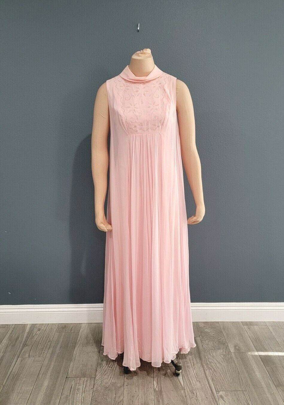 Vintage 50s 60s pink flowy chiffon maxi dress nynco zipper XS/S