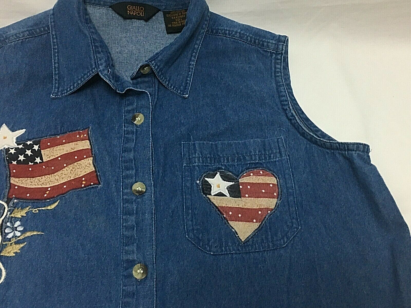 WOMEN’S DENIM PATRIOTIC BLOUSE SLEEVELESS FOLK USA FLAG 90S GIALLO NAPOLI SZ L