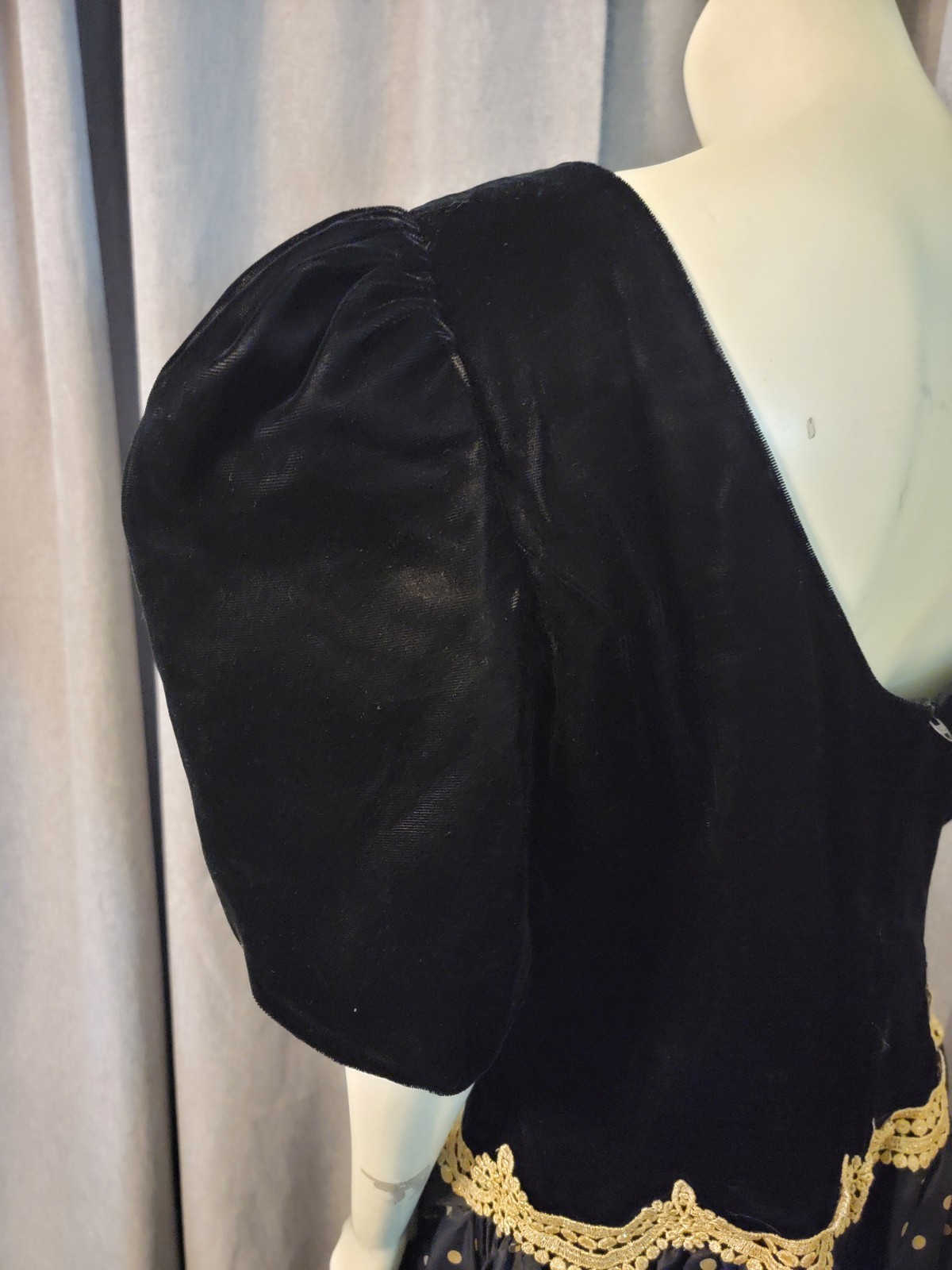 Vtg 80s Fairygoth Expo Night Black Velvet Gold Polka Dot Taffeta Festival Sz 14