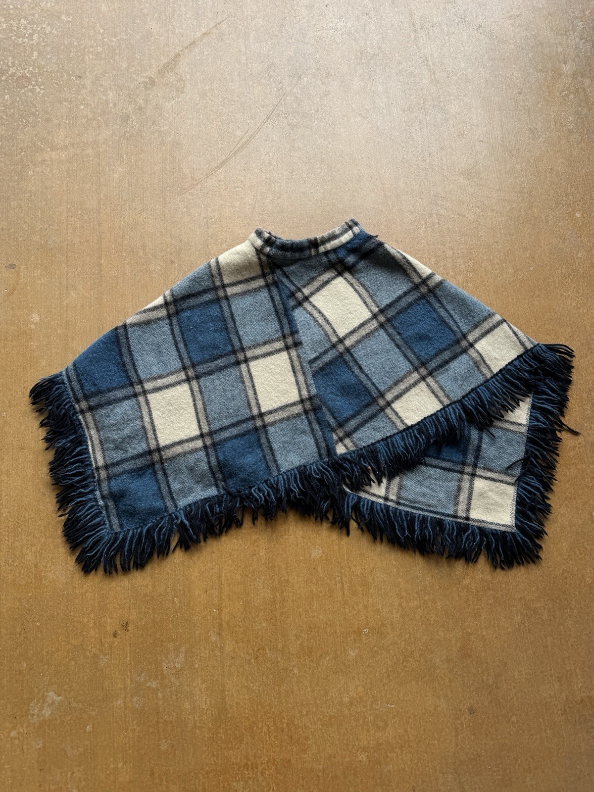 VTG 60s Pioneer Wear Side Zip Up Wool Poncho Scarf Plaid Blue Fringe Western M