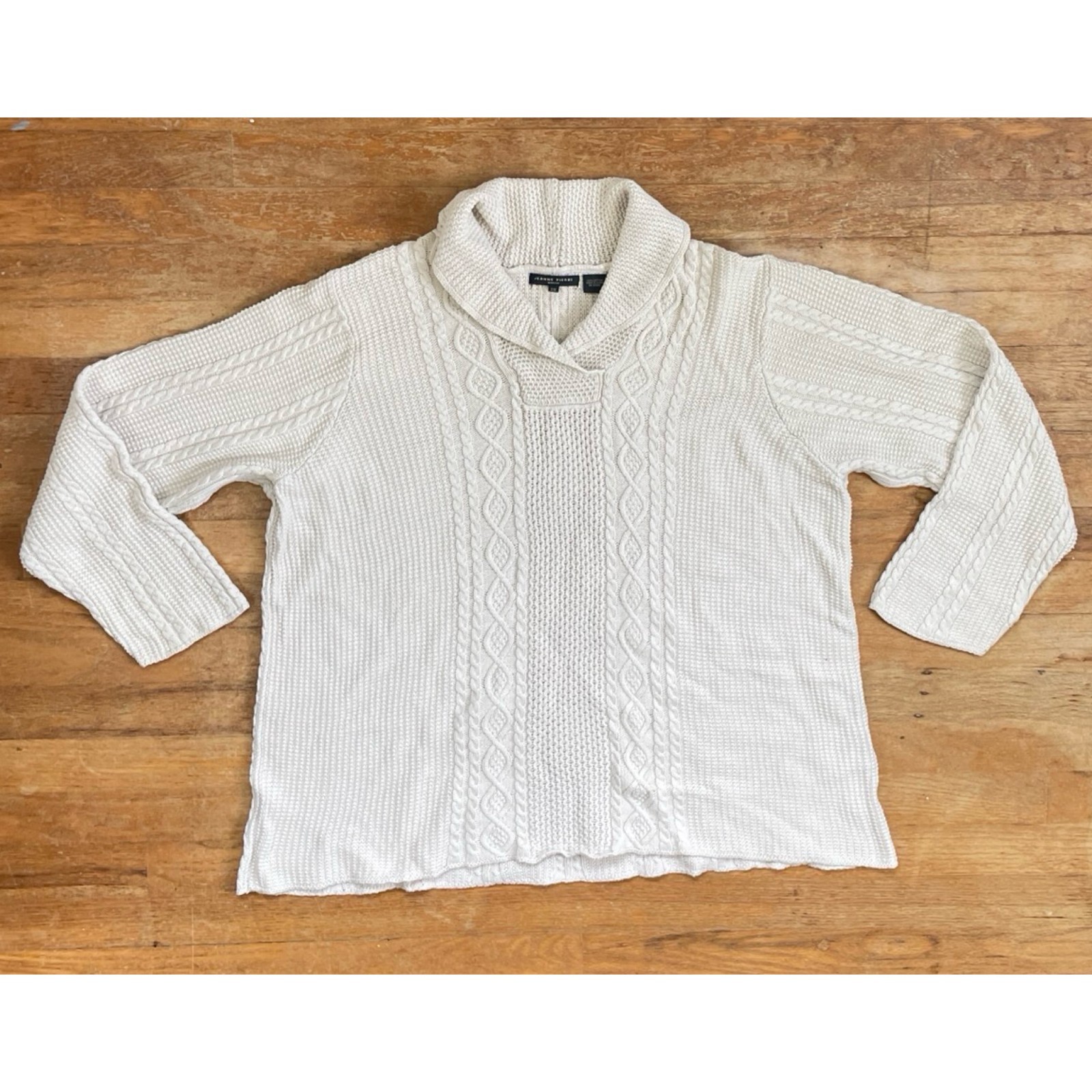 Vintage Shawl Neck Womens Sweater Plus Size 1X/2X 90s Cable Knit Cotton
