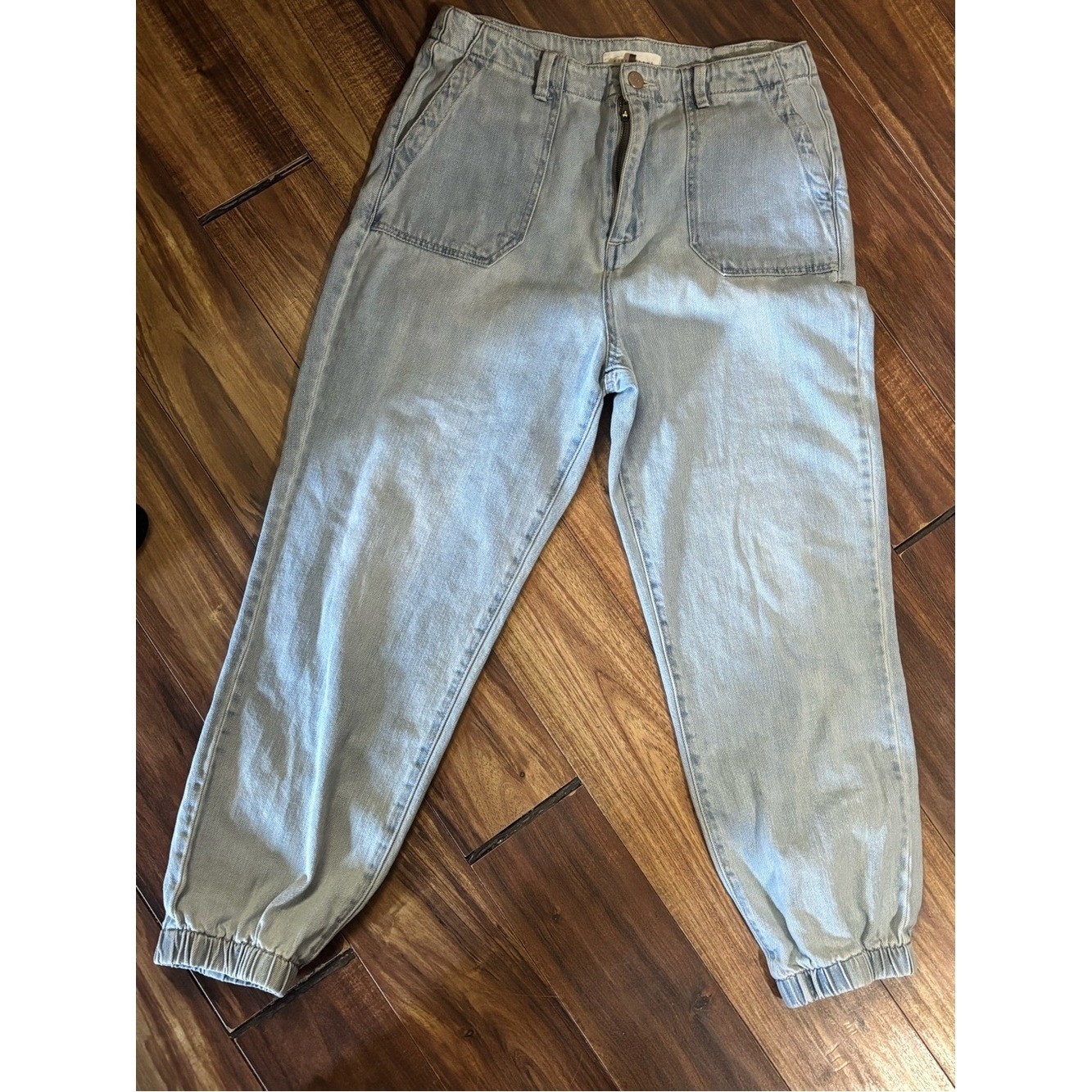 Risen jeans cinched ankles blue white washed jeans old school pockets 9/29 rare