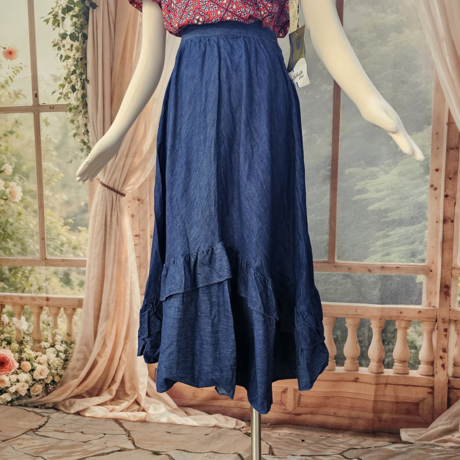 Vintage 1970s Skirt Denim Blue Jean Ruffle Flowy Midi Length Retro Chequers