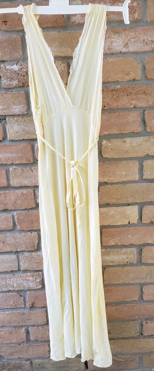 VTG 40s Ms Leonora Yellow Bias Cut Gown Sz XS/S? Art Deco STAINS DAMAGE READ