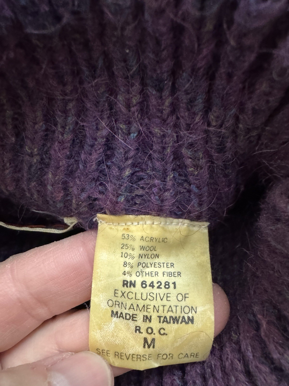 Vintage 80s MARIEA KIM Purple Flower Power Wool Blend Mock Turtle Neck Sweater M