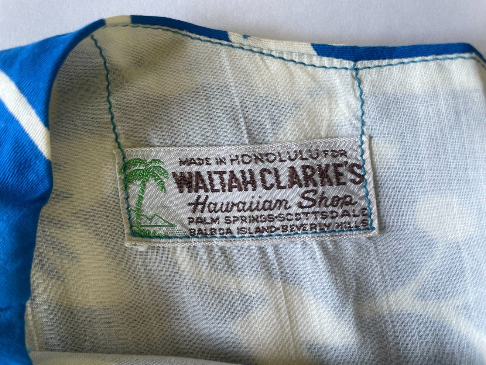 Vintage 1950s Waltah Clarke’s Hawaiian Blue Hibiscus Dress Bow Sm Md S/M