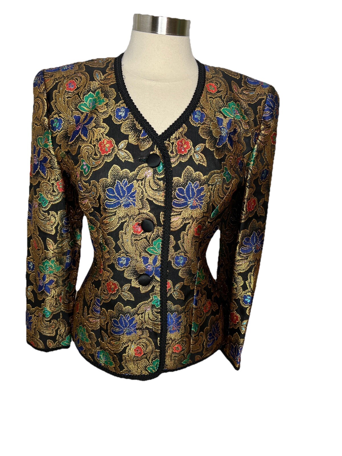Vintage 80s Talbots Kathryn Conover Metallic Gold Floral Brocade Jacket Size 6