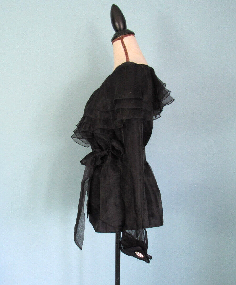 Size M HAMPTON NITES Black Wrap Blouse VINTAGE Shoulder Ruffles Sheer Sleeve