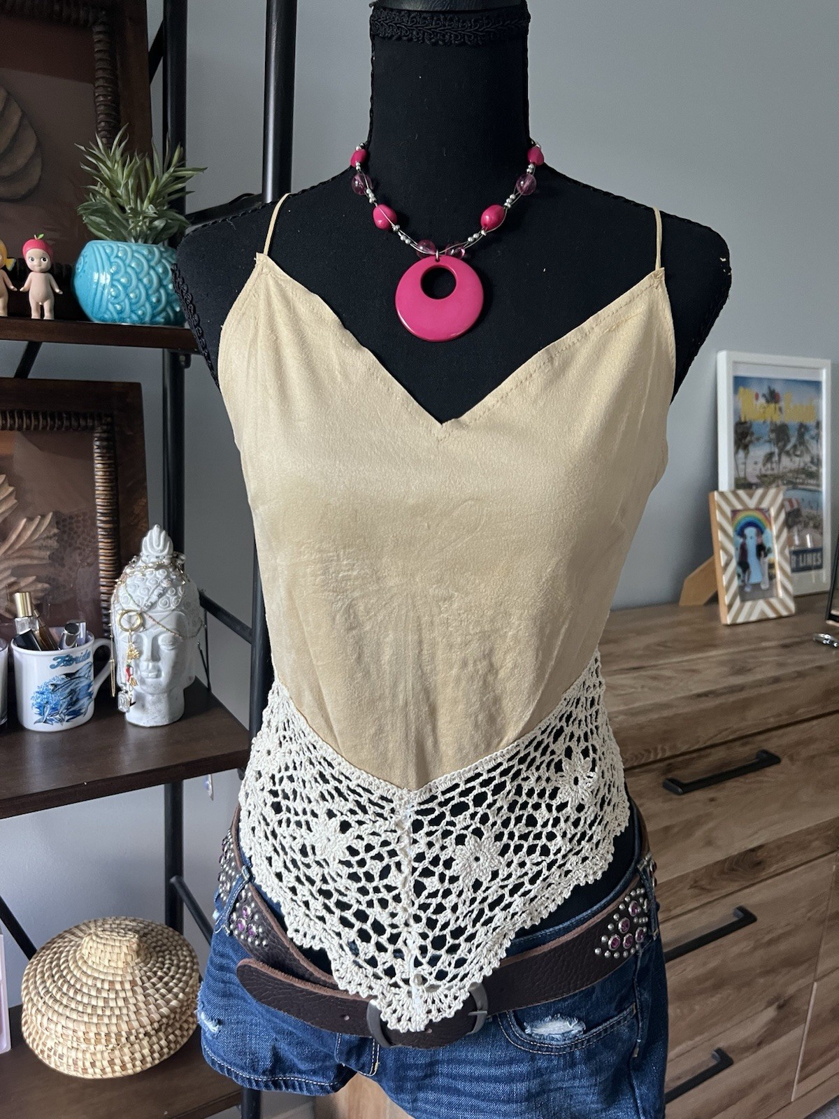 Vintage 90s Deadstock Suede And crochet Cami Boho Festival Size Medium