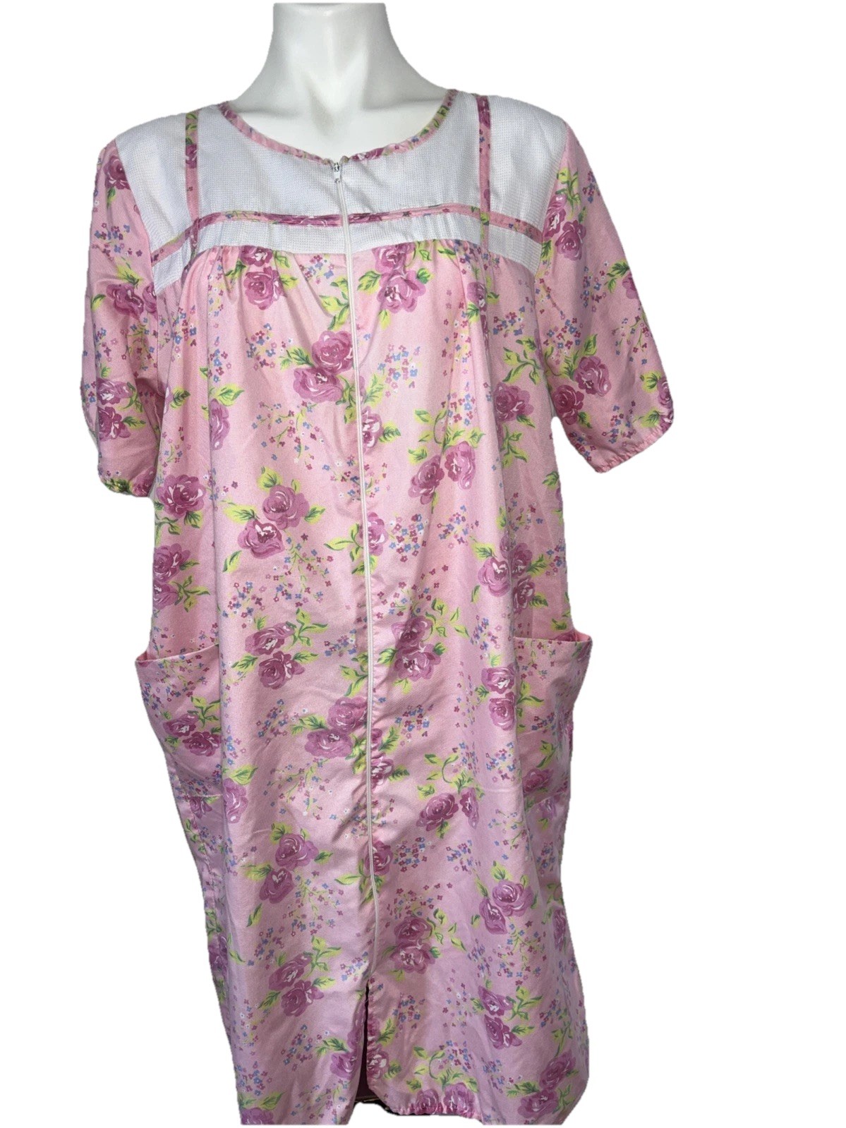 Vintage Casual Nights Pink Floral Zip Front House Coat Dress Nightgown XL