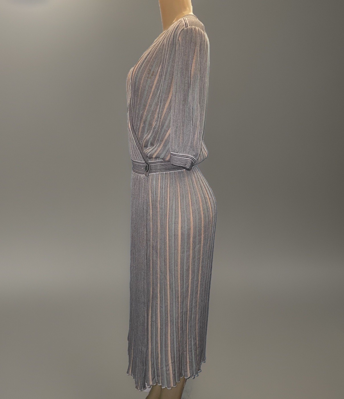 Vintage 1970s Albert Nipon Italy Knit Wrap Dress Short Sleeve Pleated Duster 6
